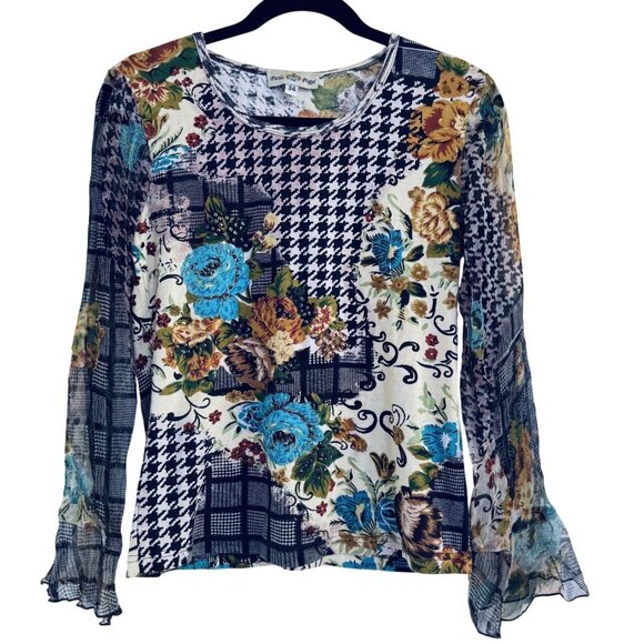 Paola Poggi Tops - Paola Poggi Italy Womens Patchwork Floral Houndstooth Mesh Top Ruffle Sleeves 34